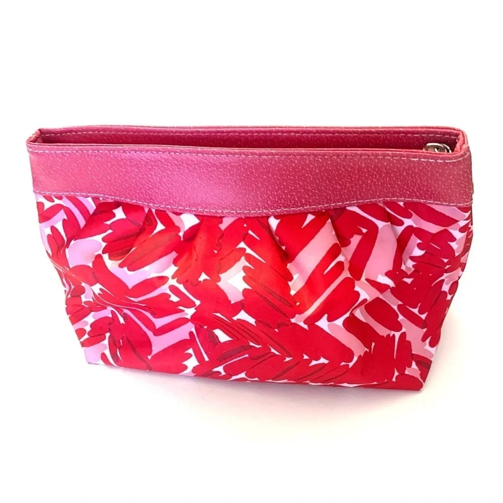 CLINIQUE Makeup Bag Women Nylon Cosmetic Travel Case Zip Pouch Dome, Pink/Red